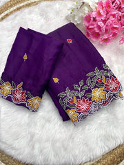 Party-wear Soft Tussar Silk Thread Embroidery Work Saree