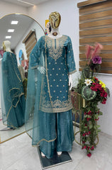 Party-wear Fendy Silk Embroidery Sequence Work Sharara