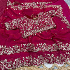 Party-wear Fendy Satin Silk Embroidery & Sequence Work Saree With Stitched Blouse