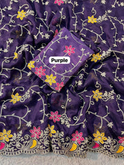 Beautiful Satin Chiffon Chainstiched Work Saree