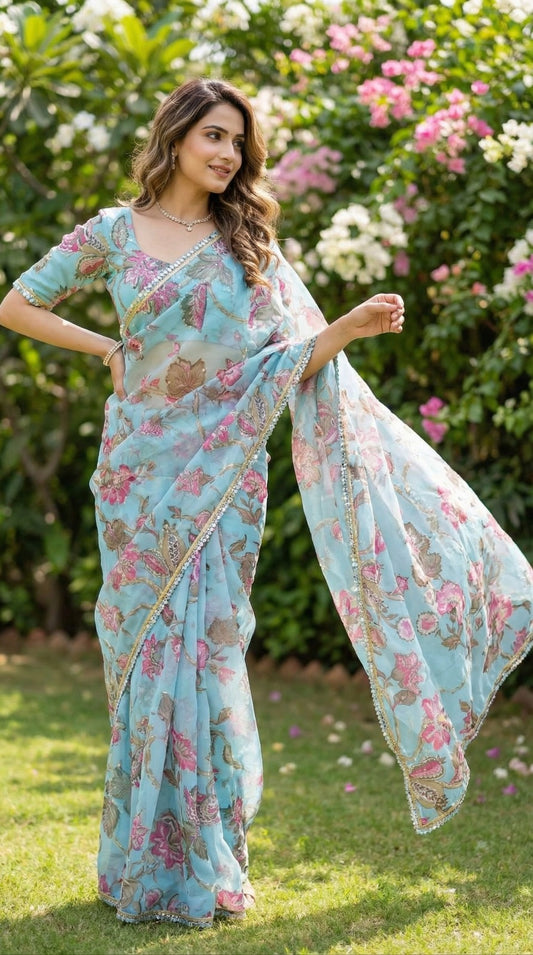 Beautiful Georgetta Digital Printed Handwork Sequence Work Saree