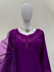 Stylish Purple Natural Crepe Beads With Thread Work Sharara Set