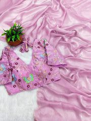 Beautiful Fendy Satin Zari Cut Work Saree With Moti Work Stitched Blouse