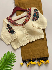 Beautiful Pure Khadi Cotton With Apllic Work Peacock Designer Blouse Saree