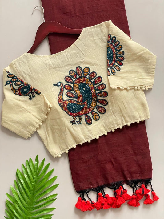Beautiful Pure Khadi Cotton With Apllic Work Peacock Designer Blouse Saree