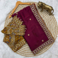 Beautiful Soft Rangoli Sequence Embroidery Work Saree With Stitched Blouse