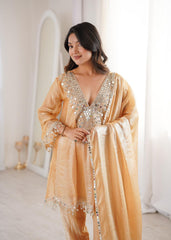 Trendy Stylish Fendy Kurti With Real Mirror Embroidered Work Bottom Dupatta