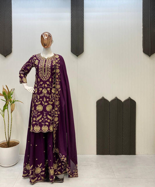 Beautiful Party-wear Chinon Silk Sequence Embroidery Work Sharara