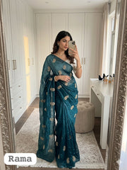 Beautiful Fendy Chiffon Silk Siroski & Val Moti Heart Cutwork Border Saree
