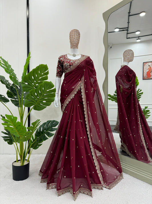 Party-wear Tibby Silk Thread With Sequence Work Saree