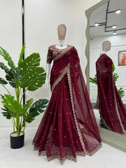 Party-wear Tibby Silk Thread With Sequence Work Saree