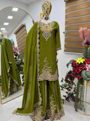 Designer Party-wear Chinon Silk Embroidery & Sequence Work Sharara Suit