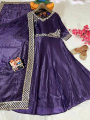 Beautiful Gold Crushed Silk Sequence Embroidery Work Long Gown