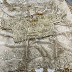 Party-wear Fendy Satin Silk Embroidery & Sequence Work Saree With Stitched Blouse