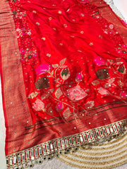 Beautiful Red Dola Silk Viscose Weaving With Mirror Work Saree