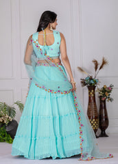 Stylish Sky Blue Pleated With Multi-Thread Sequins Work Lehenga Choli