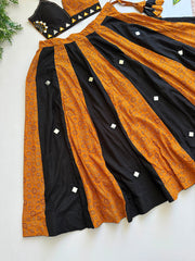 Navratri Special Ajrakh Cotton With Slub Cotton Mirror Work Lehenga With Stitched Blouse