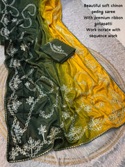 Beautiful Chinon Silk Peding Gotapatti Zaal Work With Sequence Work Saree