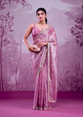 Trending Party-wear Soft Burberry Silk Embroidery & Real Mirror Hand Work Saree