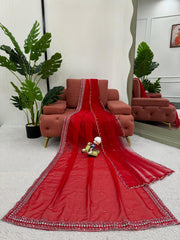 Elegance Redefined Red Tibby Silk Thread & Sequence Work With Pearl Work Saree