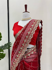 Red Beautiful Designer Kota Silk Jacquard With Coding & Sequence Lace Work Saree