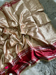 Beautiful Rich Golden-Beige And Maroon Silk Zari Weaving Saree