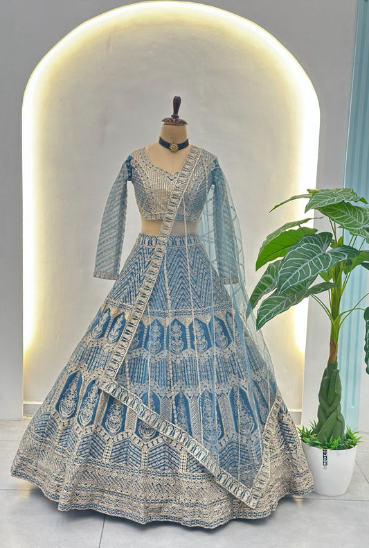 Reception Special Butterfly Net Sequins & Zari Embroidery Work Lehenga Choli
