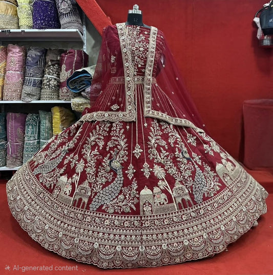 Handwork 10 Meter Big Flair Pure Raw Silk Maroon Cherry Red Rani Hot Pink Latest New Bridal Lehenga