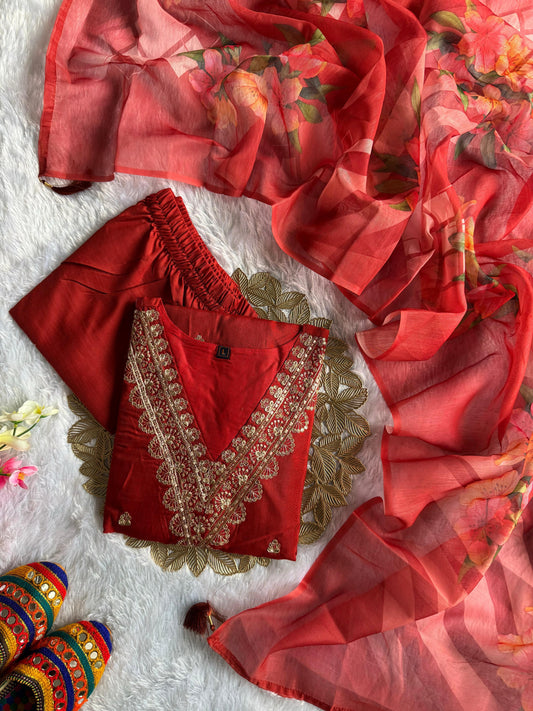 Beautiful Red Rayon Slub Embroidery With Cotton Thread Work Dress