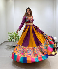 Navratri Special Rayon Silk Real Mirror Embroidery Work Lehenga With Stitched Blouse