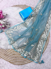 Party-wear Soft Twill Net C- Pallu & Piping Work Saree