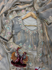 Beautiful Dual Color Soft Space Silk Sequence & Dori Embroidery Work Saree