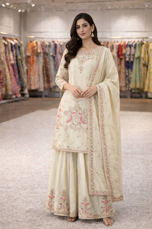 Party-wear Chinon Silk Embroidery Thread Sequence Work Sharara