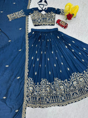 Festival Special Vichitra Silk Embroidery Sequence Work Lehenga With Stitched Blouse