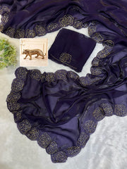 Party-wear Designer Fendy Satin Silk khatli Cut Dana Handwork Saree