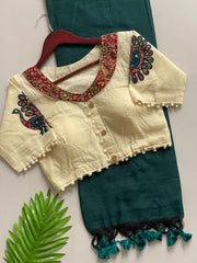 Beautiful Pure Khadi Cotton With Apllic Work Peacock Designer Blouse Saree