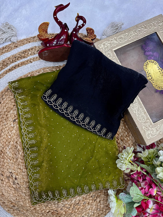 Party-wear Designer Pure Space Silk Zarkhan Diamond Work Saree