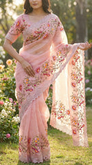 Beautiful Jimmy Choo Thread & Embroidery Work Designer Saree With Stitched Blouse