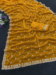 Party-wear Fendy Chiffon Silk Sequence Embroidery Work Saree