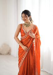 Trending Rust Fendy Silk Thread & Sequence Embroidery Work Saree