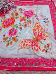 Beautiful Chinon Digital Printed With Real Mirror Work Saree