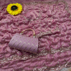 Party-wear Space Silk With Real Gold Beads With Cutwork Border Saree