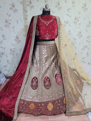 Heavy Pure Lycra Velvet Zarkan Work Multi Colour Double Duppata & Double Cancan Bridal Lehenga Choli