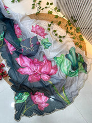 Beautiful Soft Organza With Floral Prints & Beads Katdana Handwork Border Saree