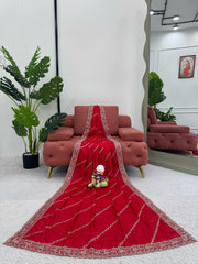 Beautiful Designer Red Chinon Silk Party-wear Saree