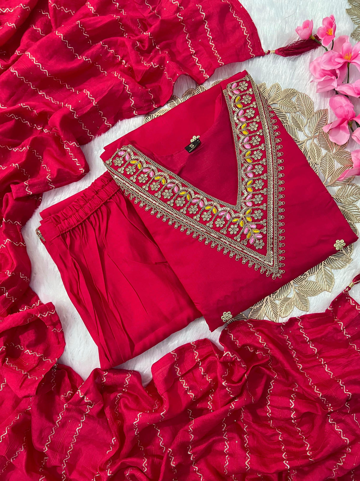 Beautiful Roman Silk Embroidery With Sequence Work Tomato Pink Dress