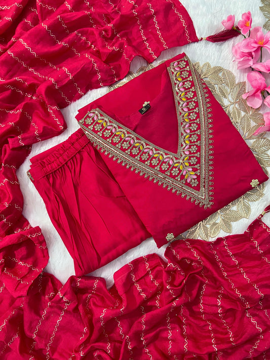 Beautiful Roman Silk Embroidery With Sequence Work Tomato Pink Dress