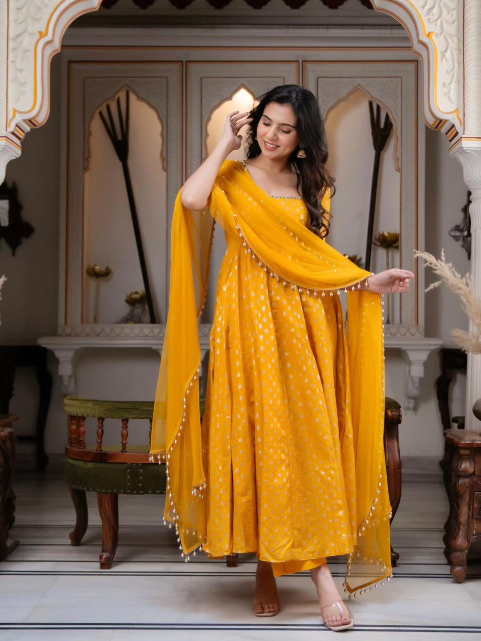 Beautiful Chanderi Jacquard Butti With Mirror Work Gown