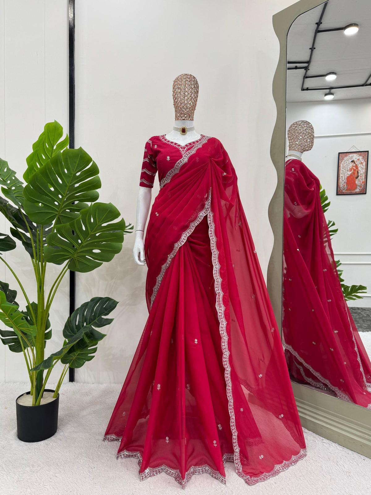 Royal Red Tibby Silk Thread & Sequence Work Saree