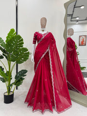Royal Red Tibby Silk Thread & Sequence Work Saree